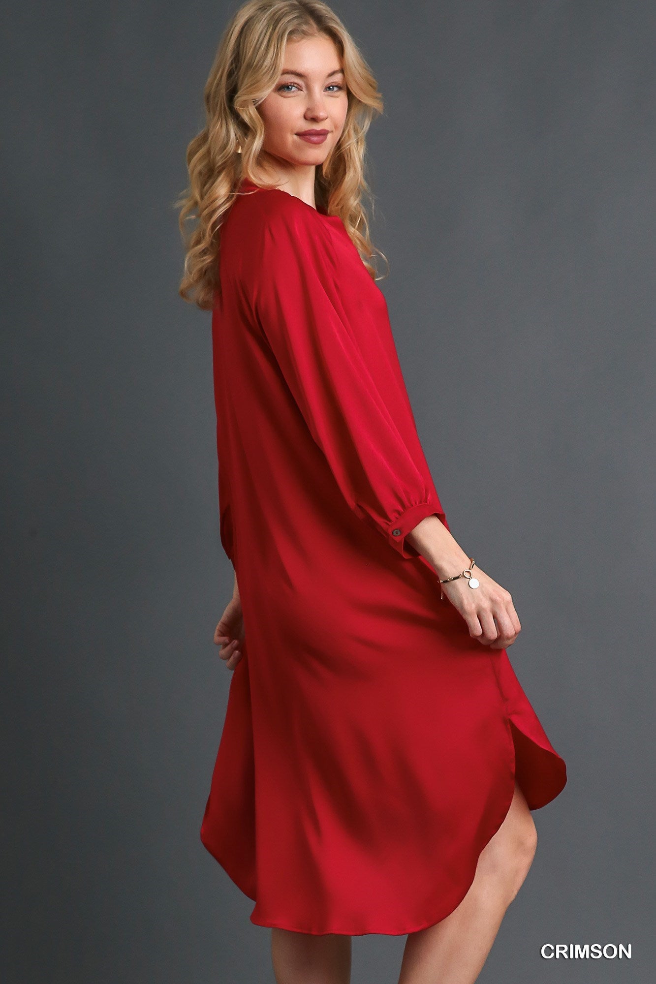 Crimson Red Satin Button Down Midi Dress