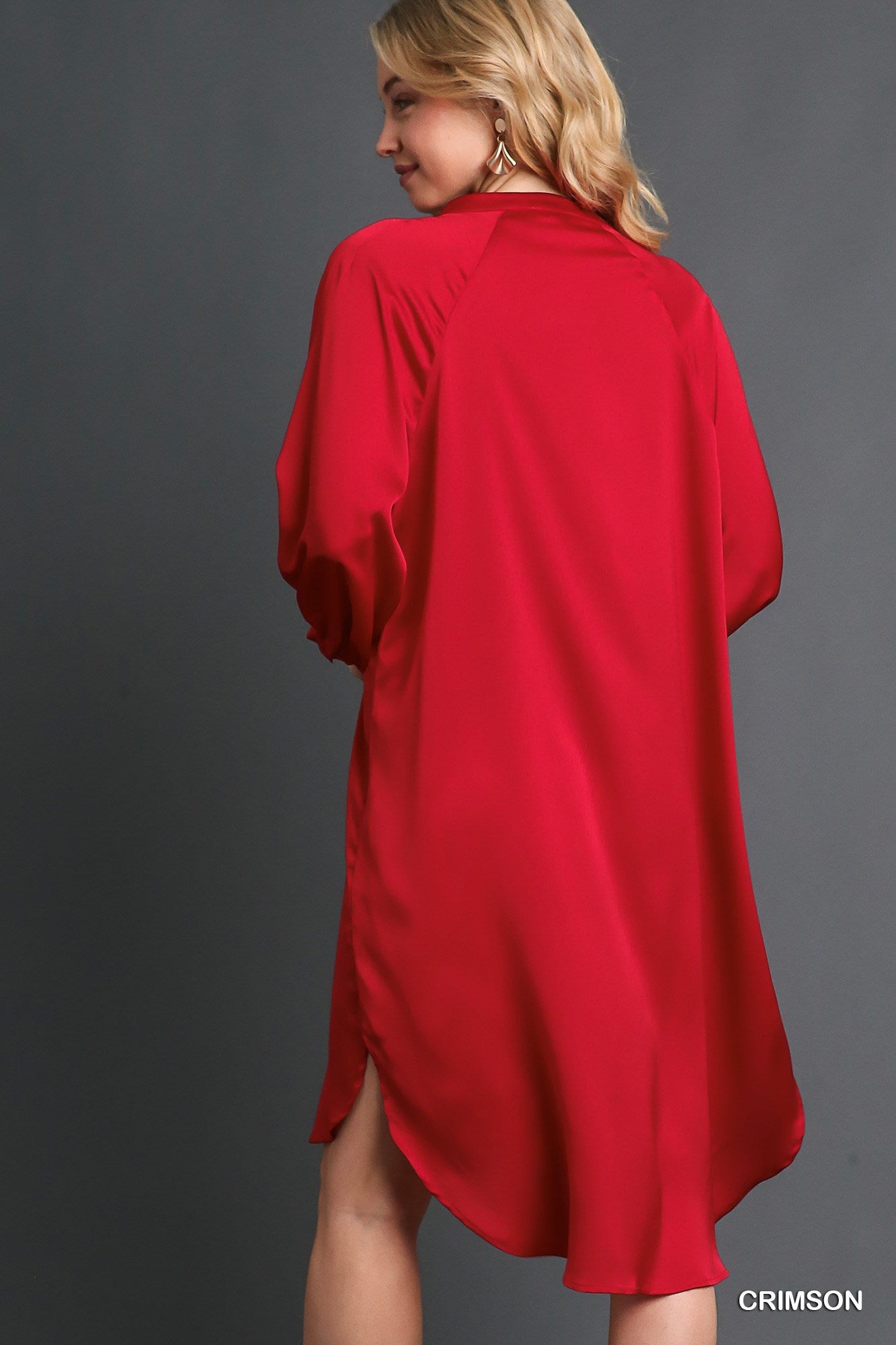 Crimson Red Satin Button Down Midi Dress