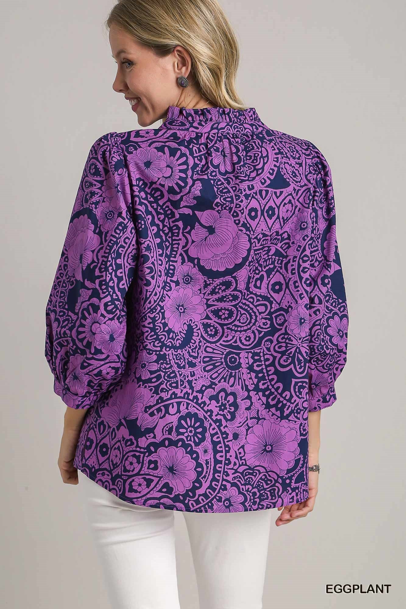 Purple Paisley Notched Ruffle Top