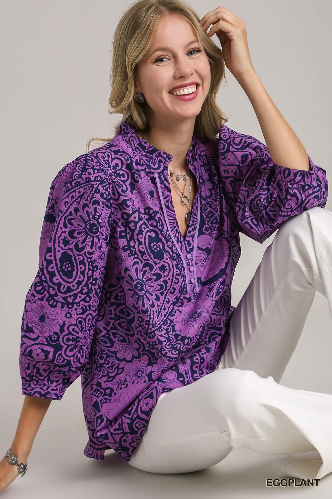 Purple Paisley Notched Ruffle Top