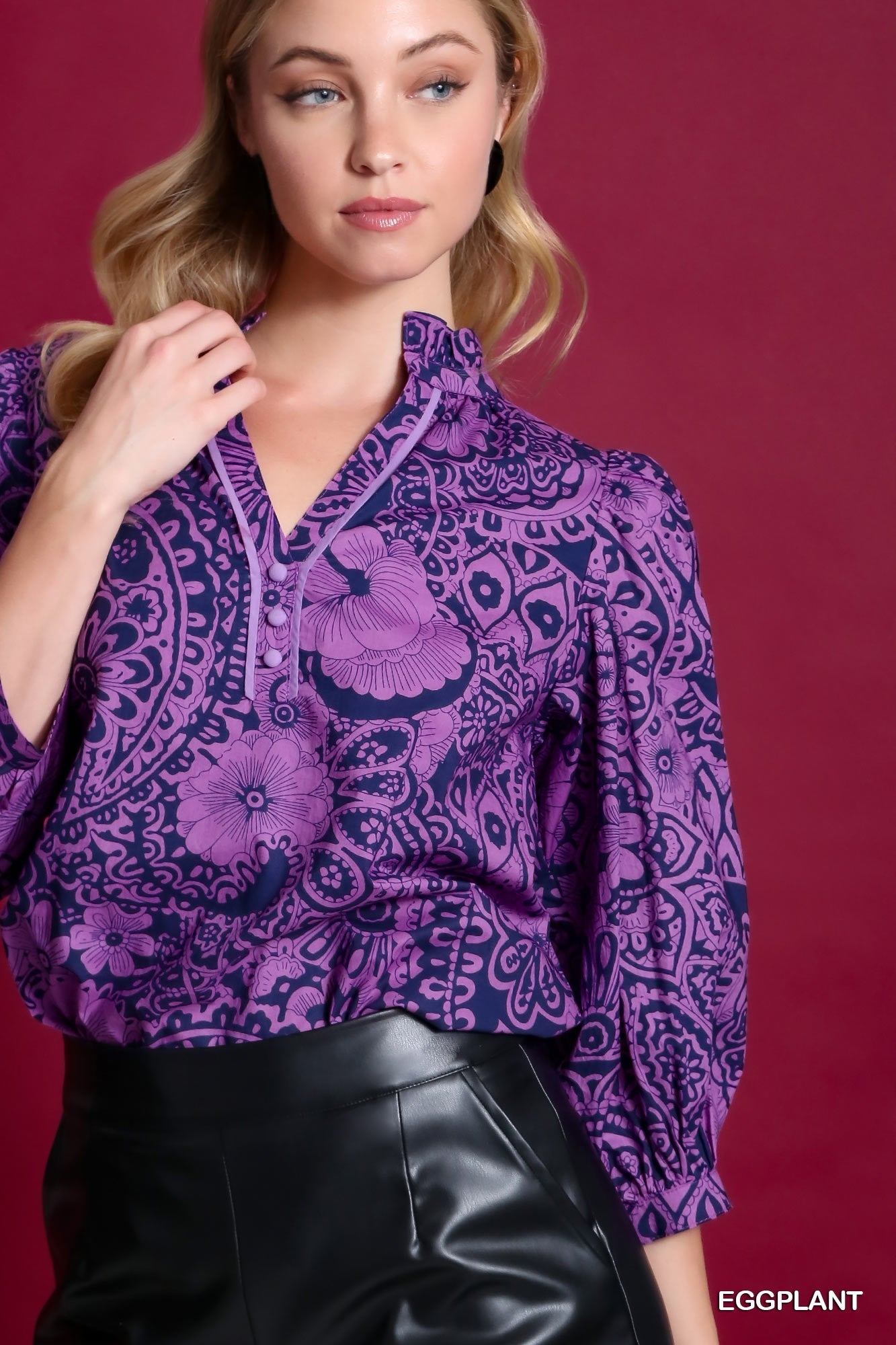 Purple Paisley Notched Ruffle Top