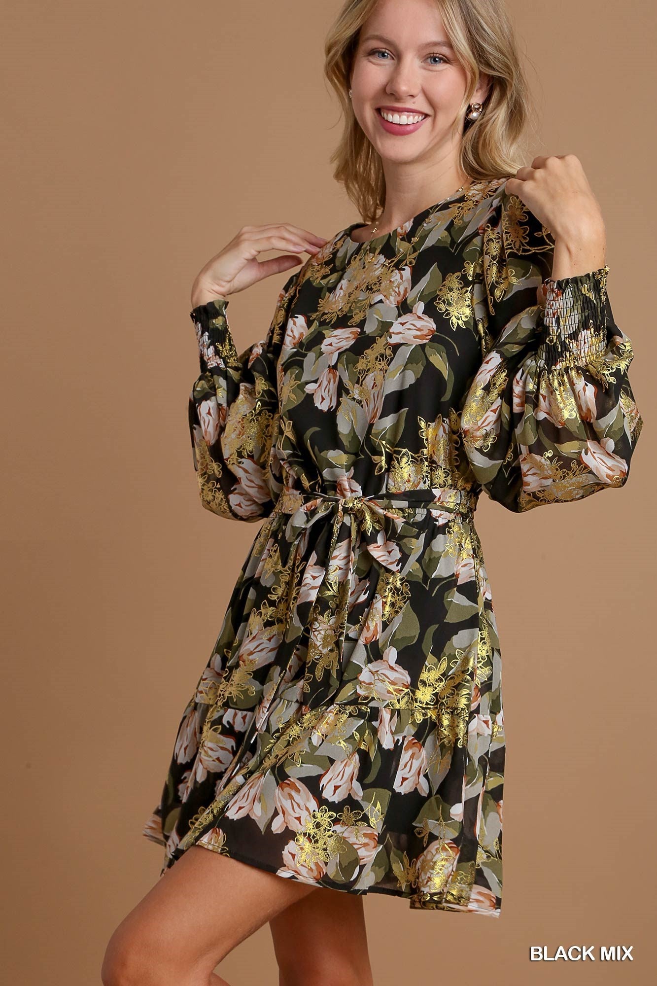 Gold Foil Floral Printed Dress with Belt