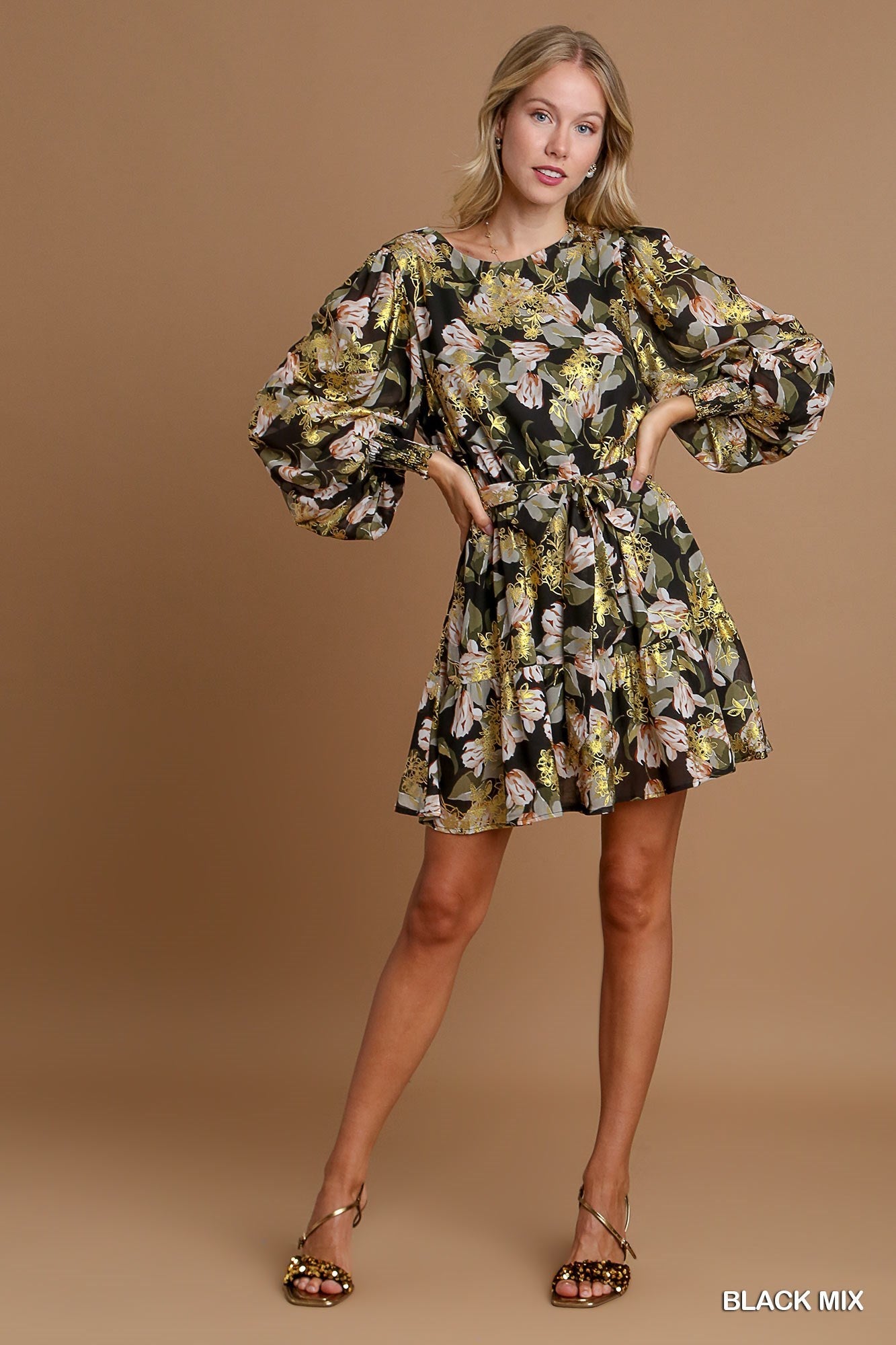 Gold Foil Floral Printed Dress with Belt