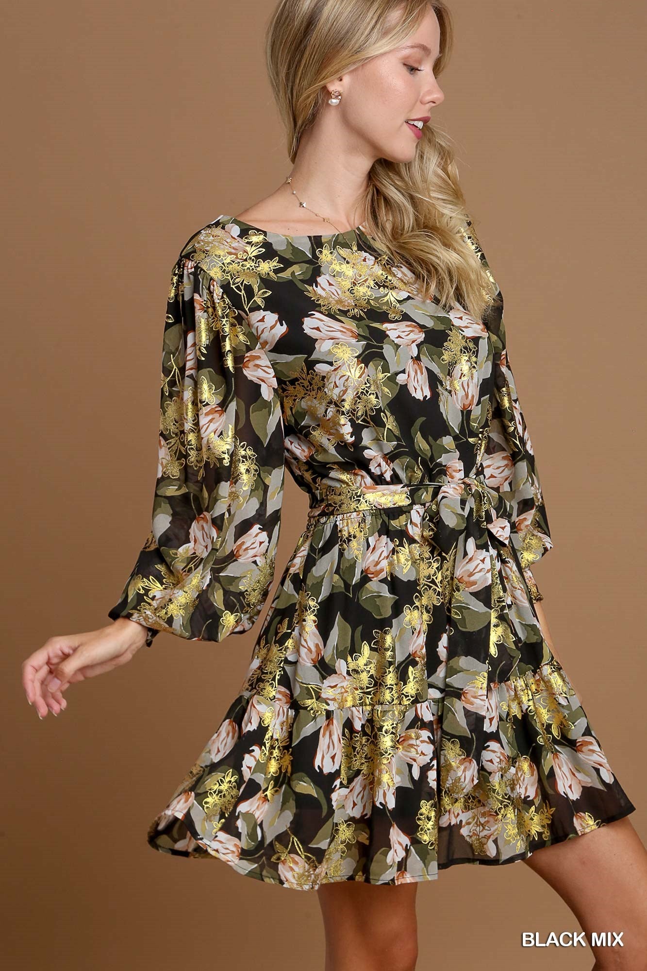 Gold Foil Floral Printed Dress with Belt