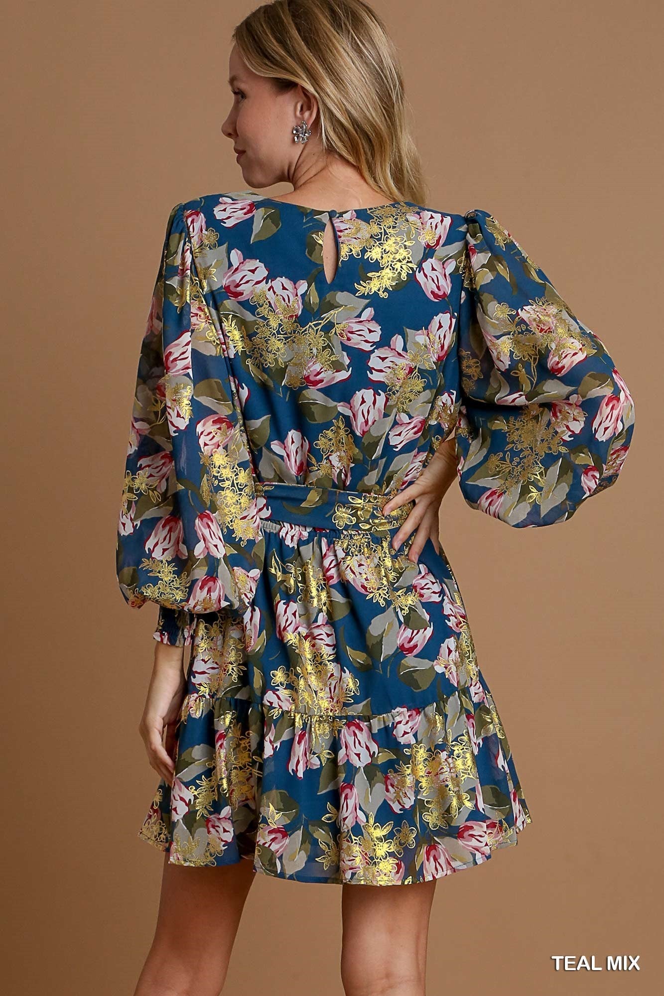 Teal Mix Gold Foil Floral Printed Dress with Belt