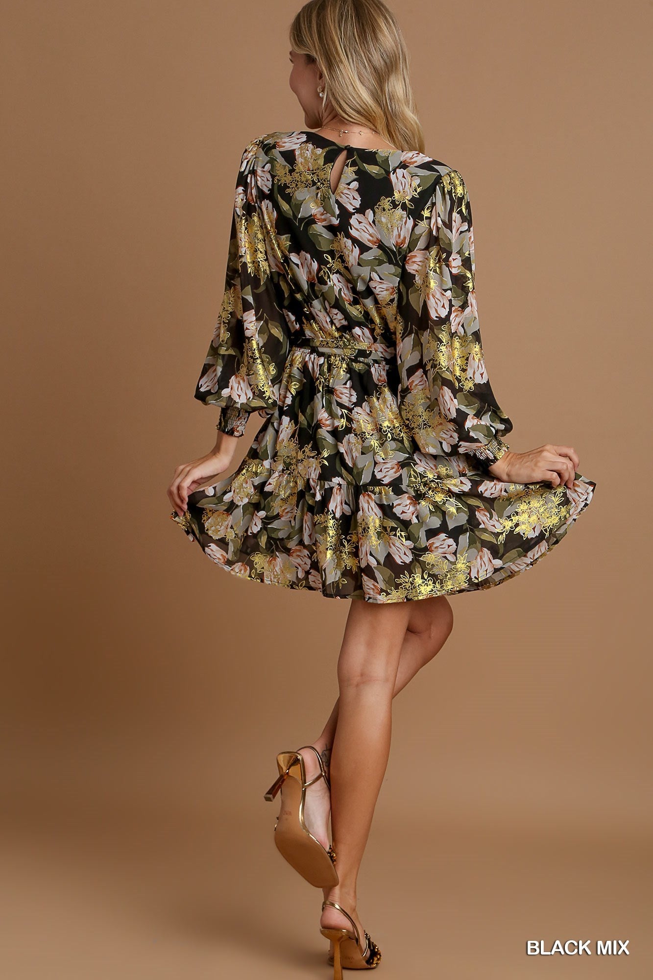 Gold Foil Floral Printed Dress with Belt