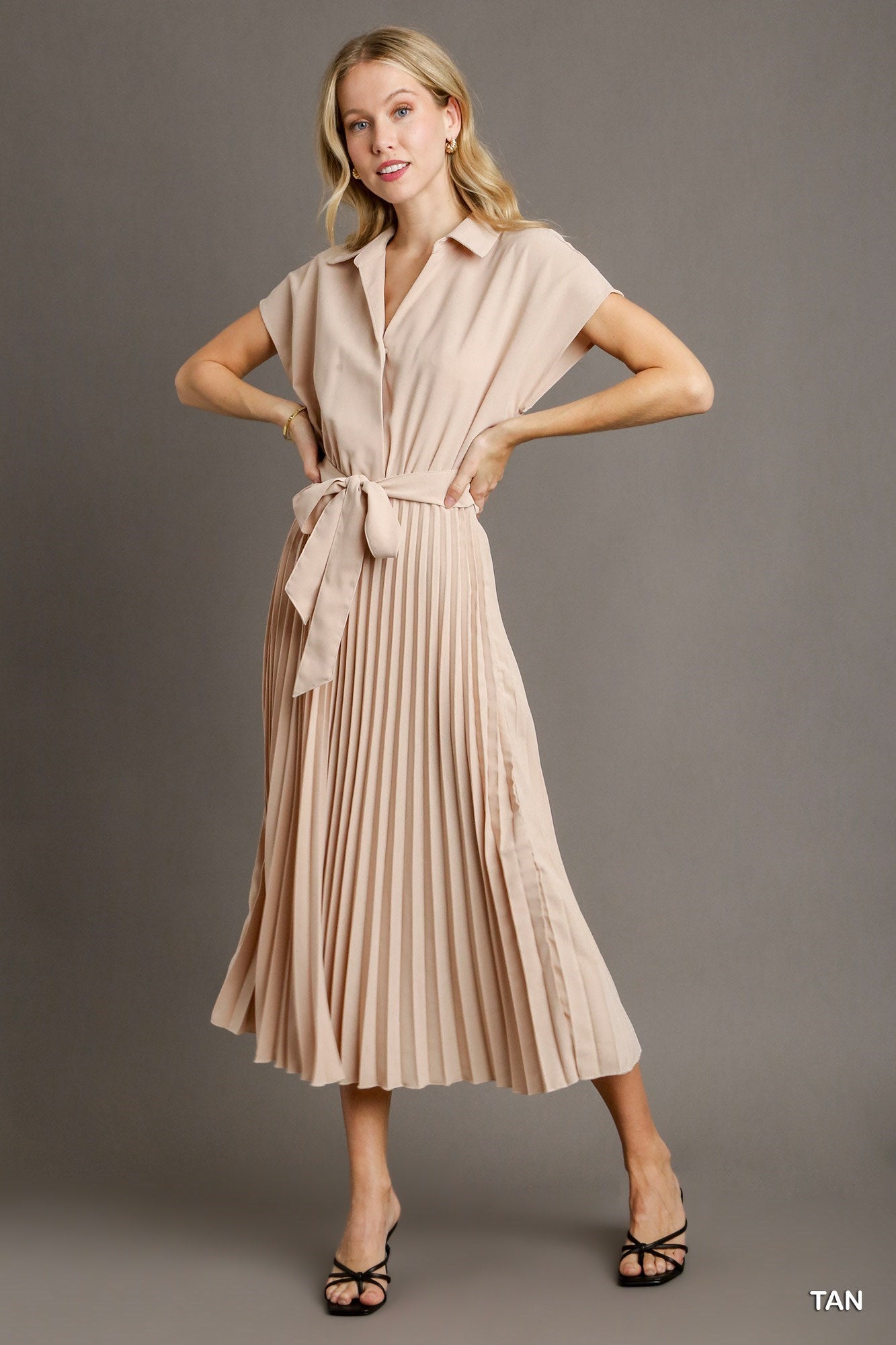 Tan Collared V-Neck Pleated Midi Dress