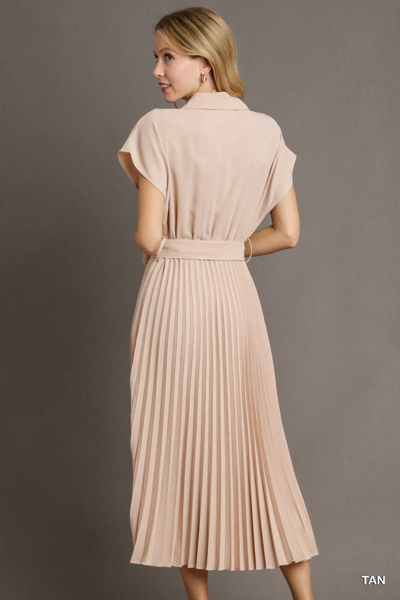 Tan Collared V-Neck Pleated Midi Dress