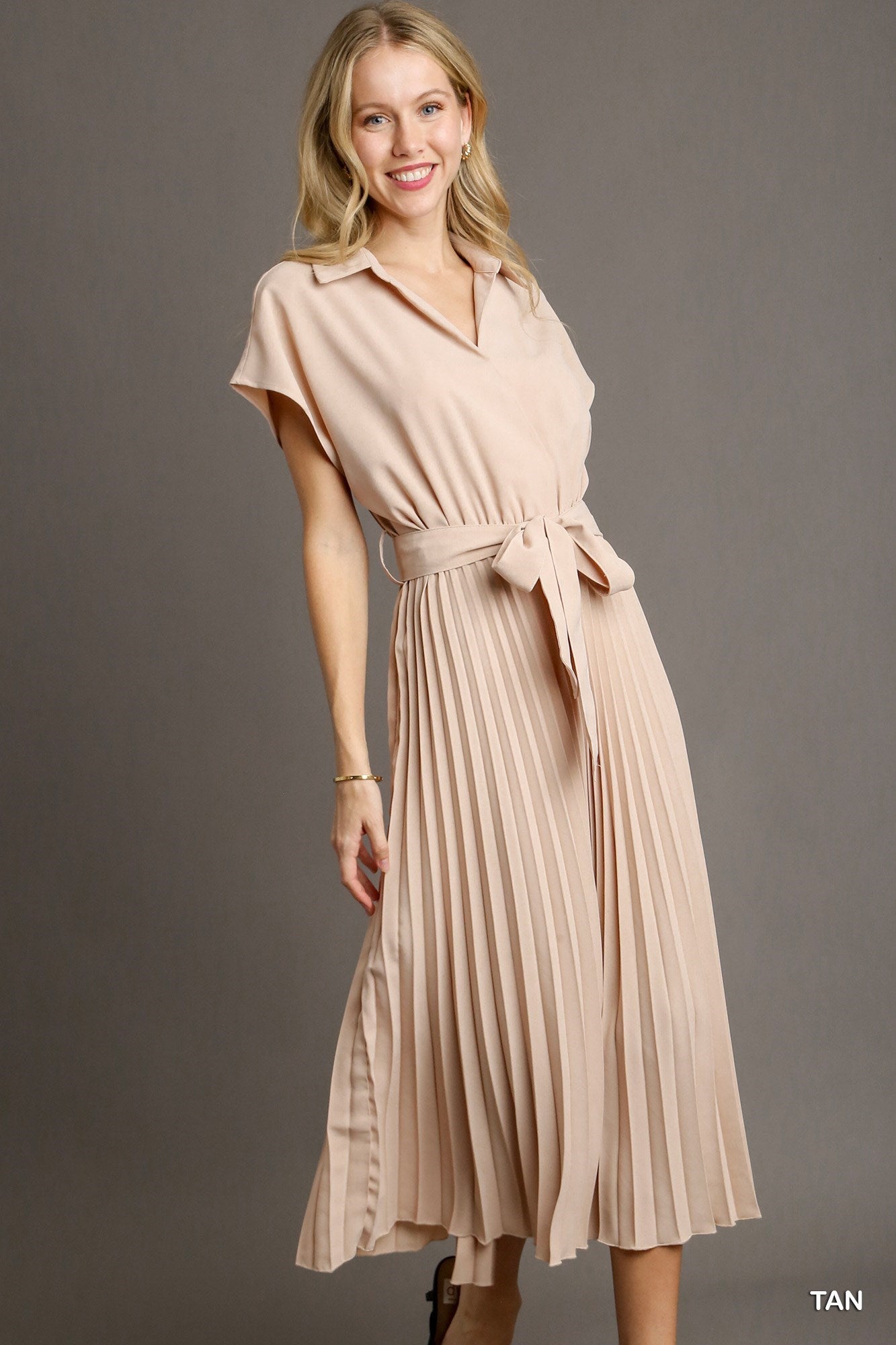 Tan Collared V-Neck Pleated Midi Dress