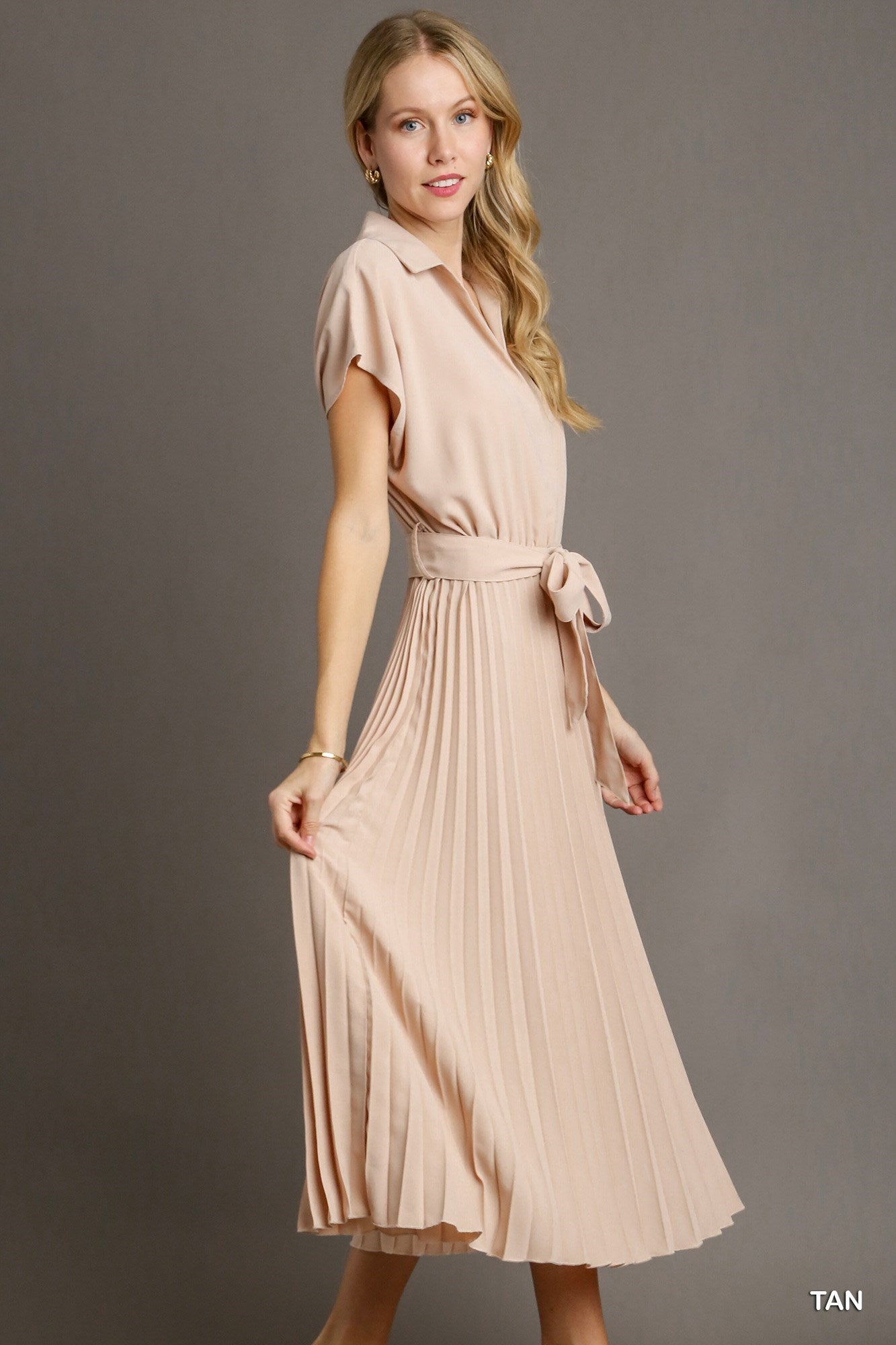 Tan Collared V-Neck Pleated Midi Dress