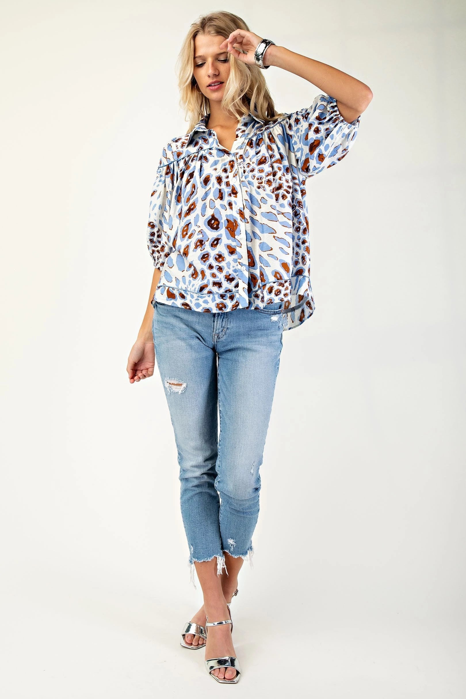 Denim Friendly Leopard Print Button Down Blouse