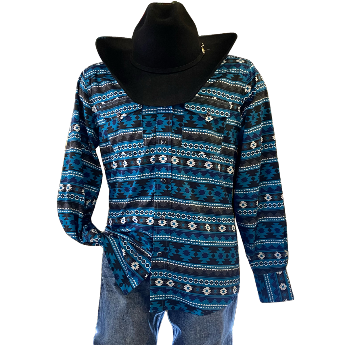 Men's Western Pearl Snap Turquoise Aztec Print Shirt