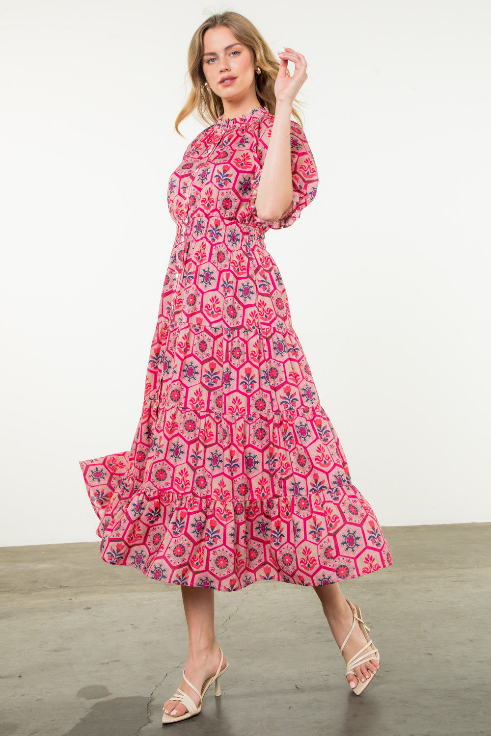 Hot Pink Textile Print Maxi Dress