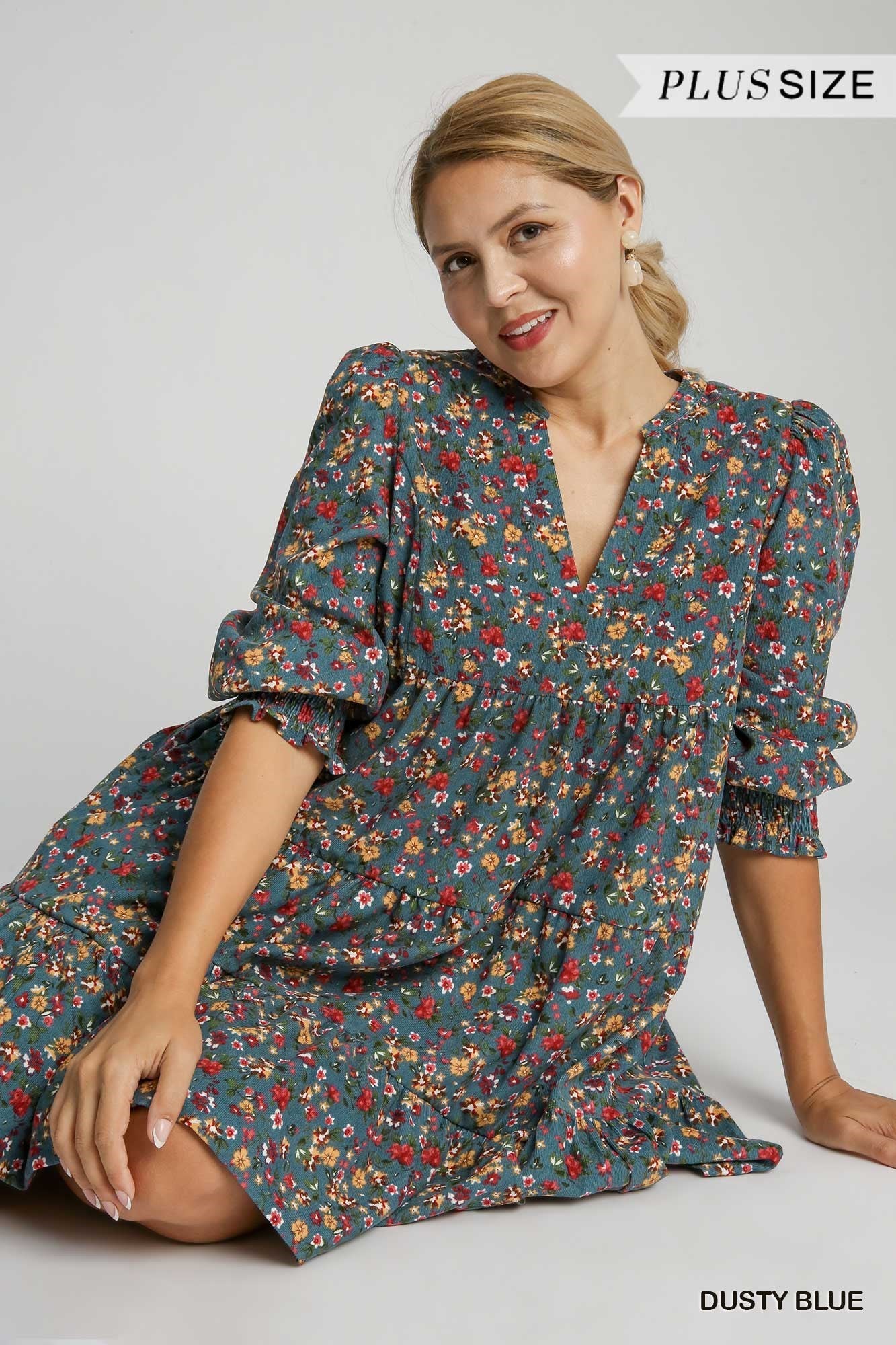 Dusty Blue w/ All Over Floral Corduroy Dress