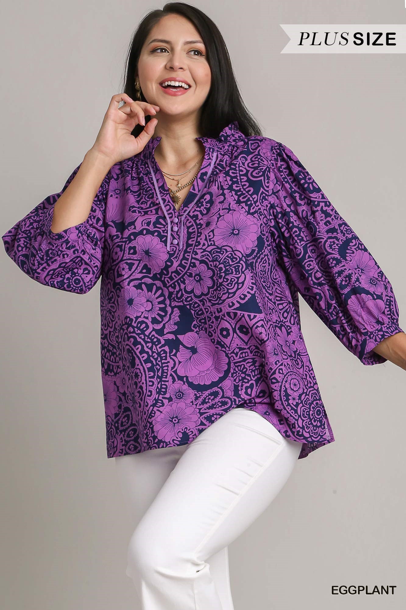 Purple Paisley Notched Ruffle Top