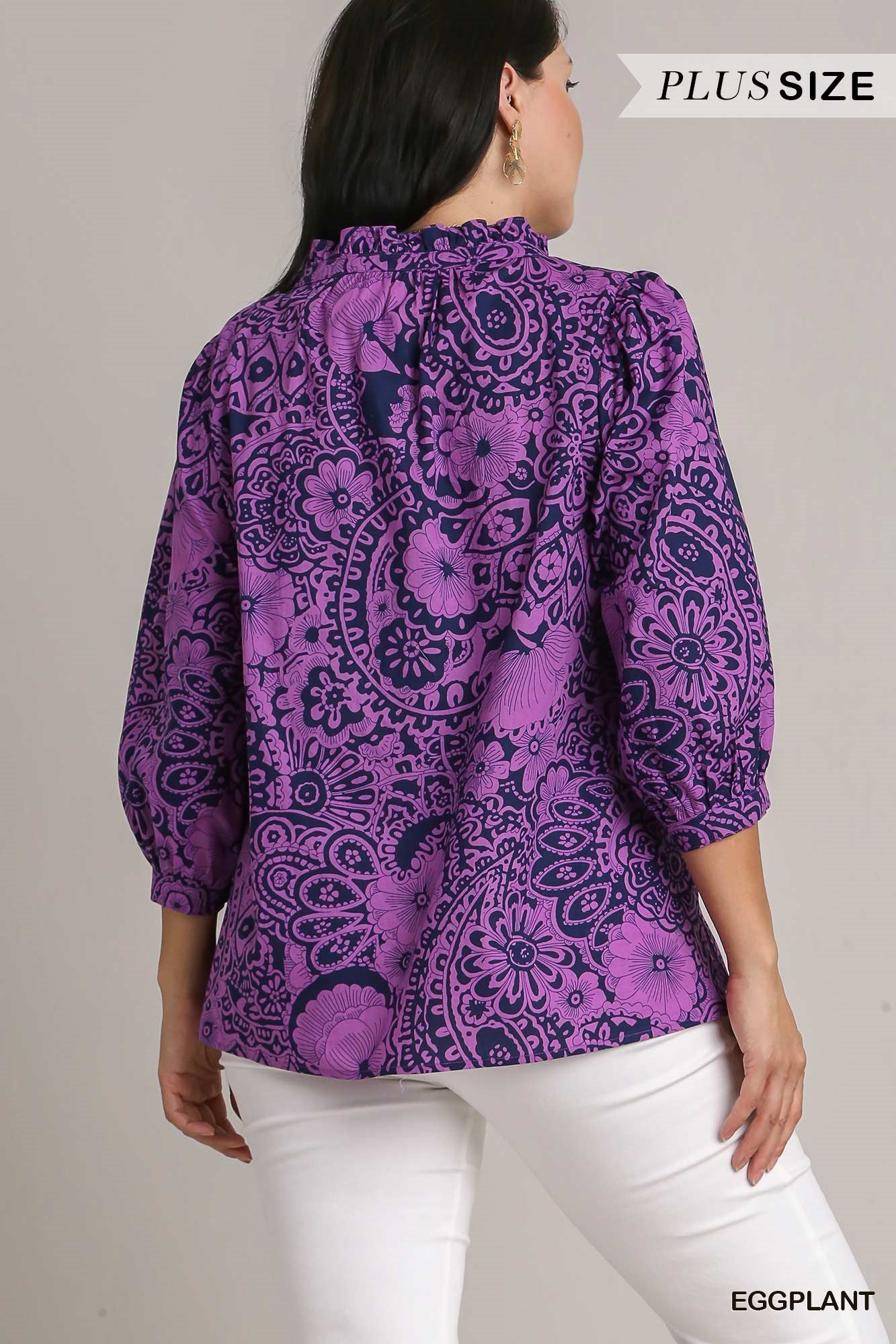 Purple Paisley Notched Ruffle Top