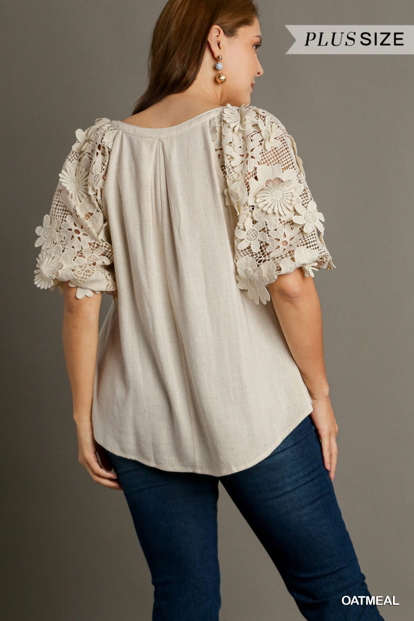 Oatmeal Linen Blend Top w/ Floral Lace Puff Sleeves