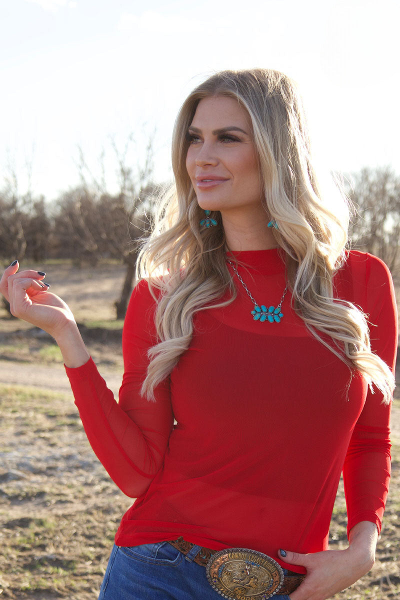 Solid Red Long Sleeve Mesh Top