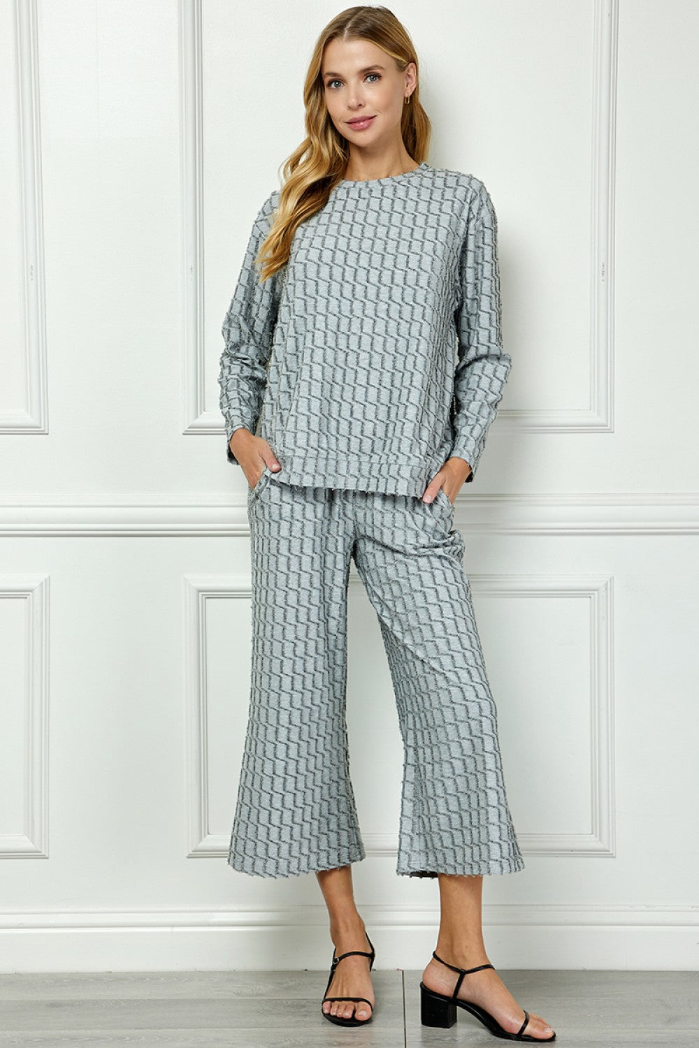 Grey Glitter Textured Long Sleeve Top & Pant Set