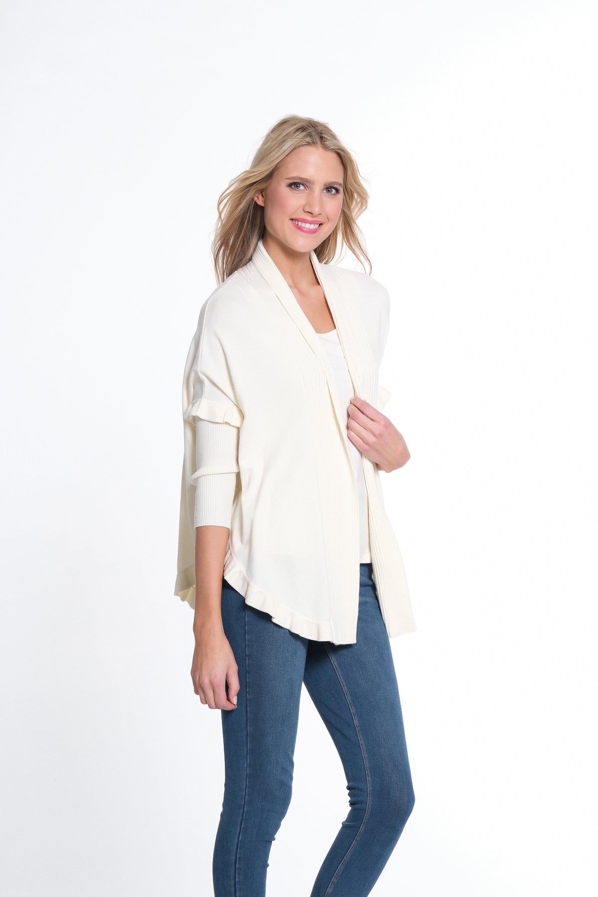 Cream Ruffle Hem Shawl Collar Sweater Cardigan