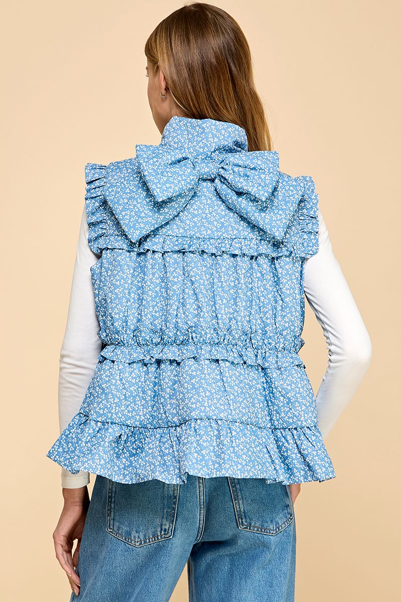 Ditsy Floral Padded Vest with Ruffle Details & Bow Accent