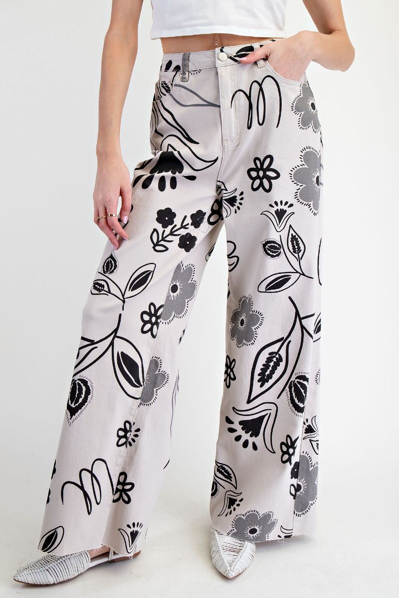 White Twill Pants with Black & Grey Floral Print