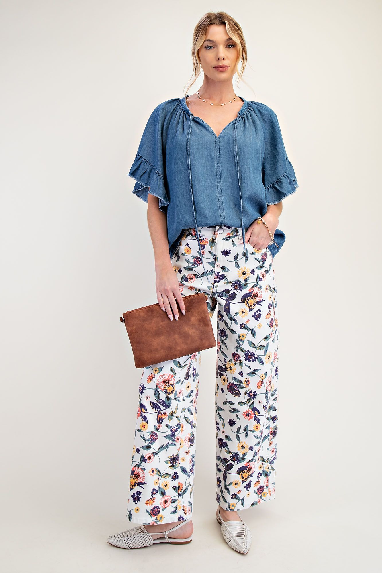 White Washed Floral Print Denim Twill Pants