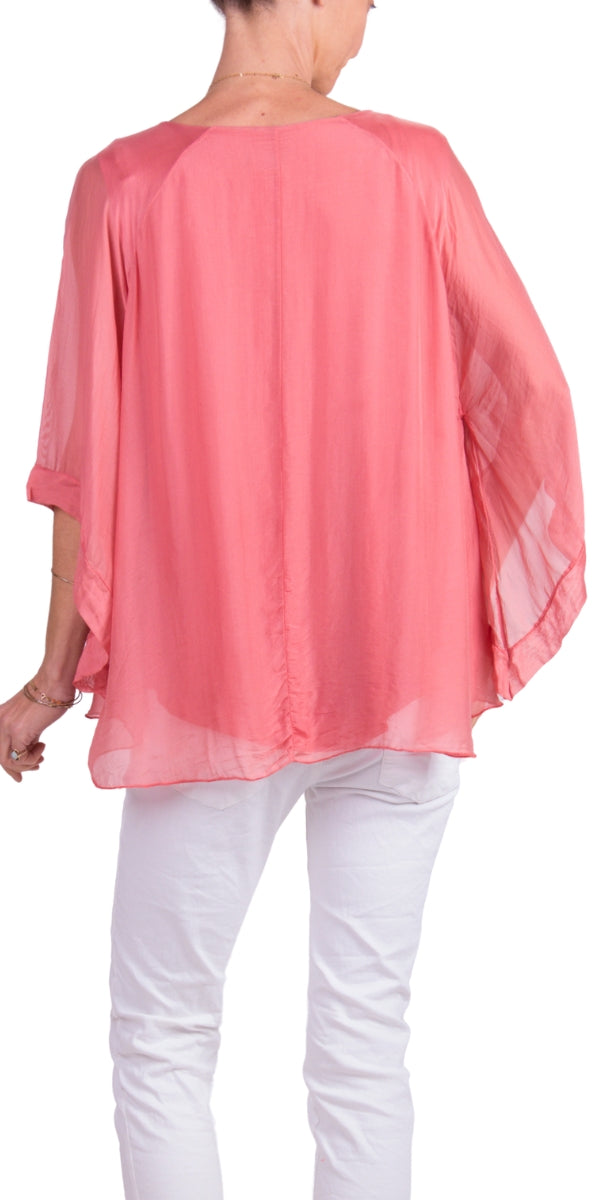 Rosewood  Round Neck Silk Top w/ Bell Sleeves