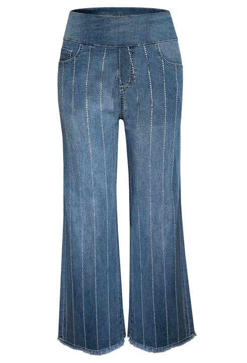 Denim Pull On Capri Jeans w/ Clear Crystal Accents