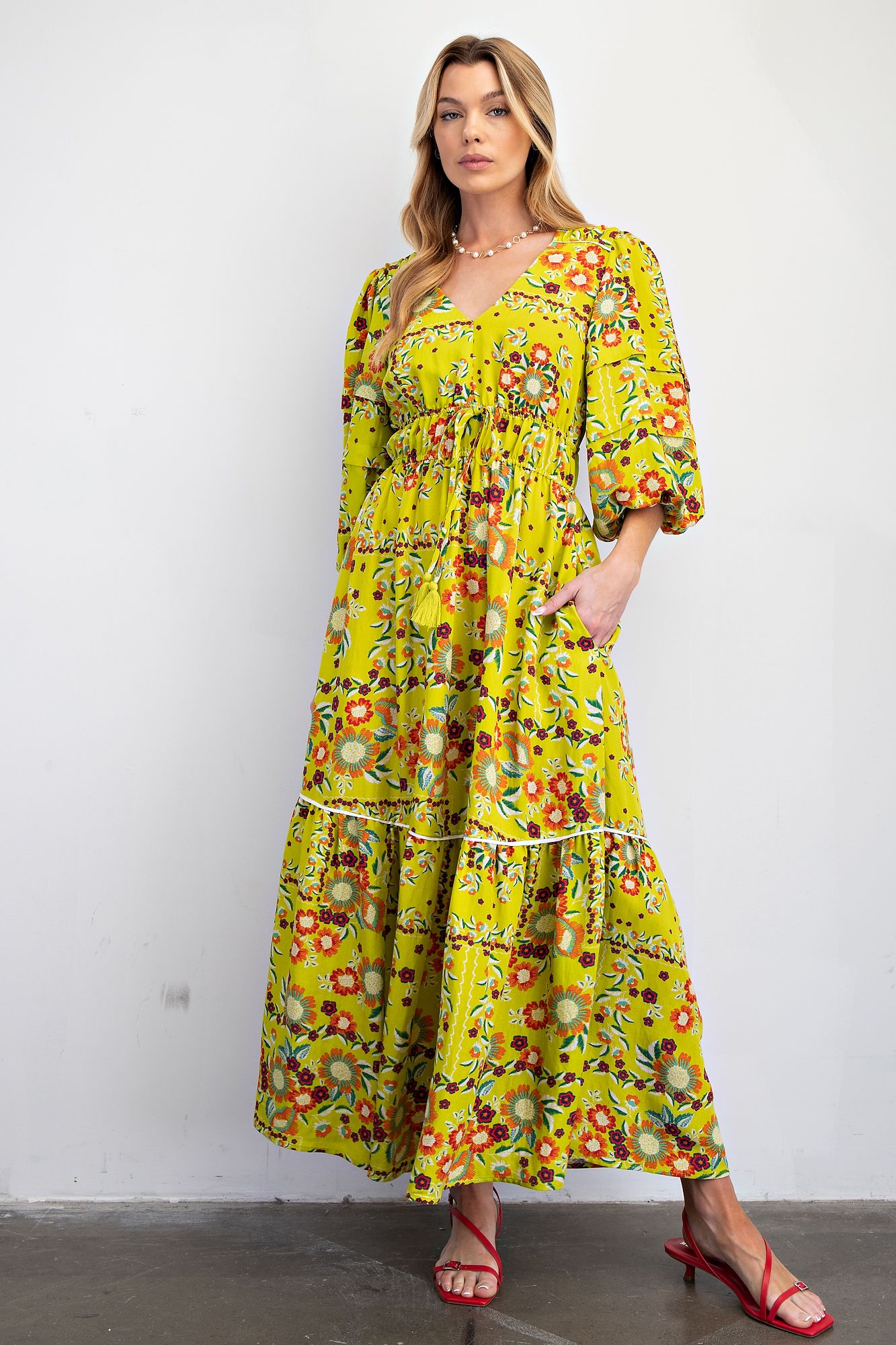 Lime Floral Print Maxi Dress