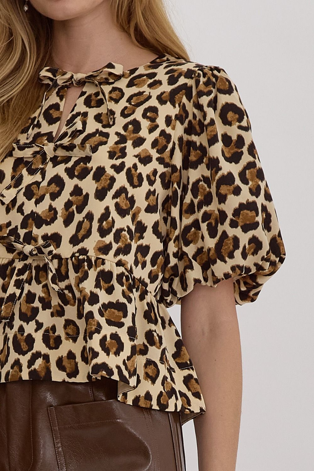 Ecru Leopard Print Bubble Sleeve Peplum Top