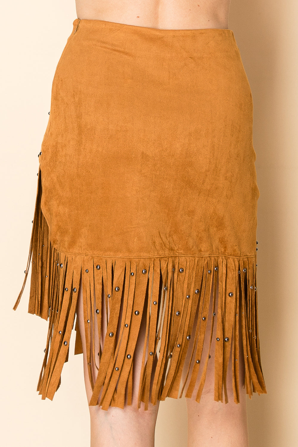 Camel Brown Faux Suede Fringed Skirt w/ Studs