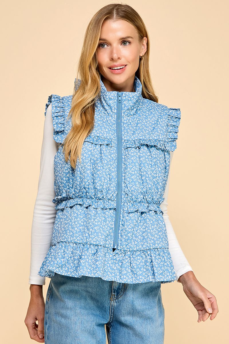 Ditsy Floral Padded Vest with Ruffle Details & Bow Accent