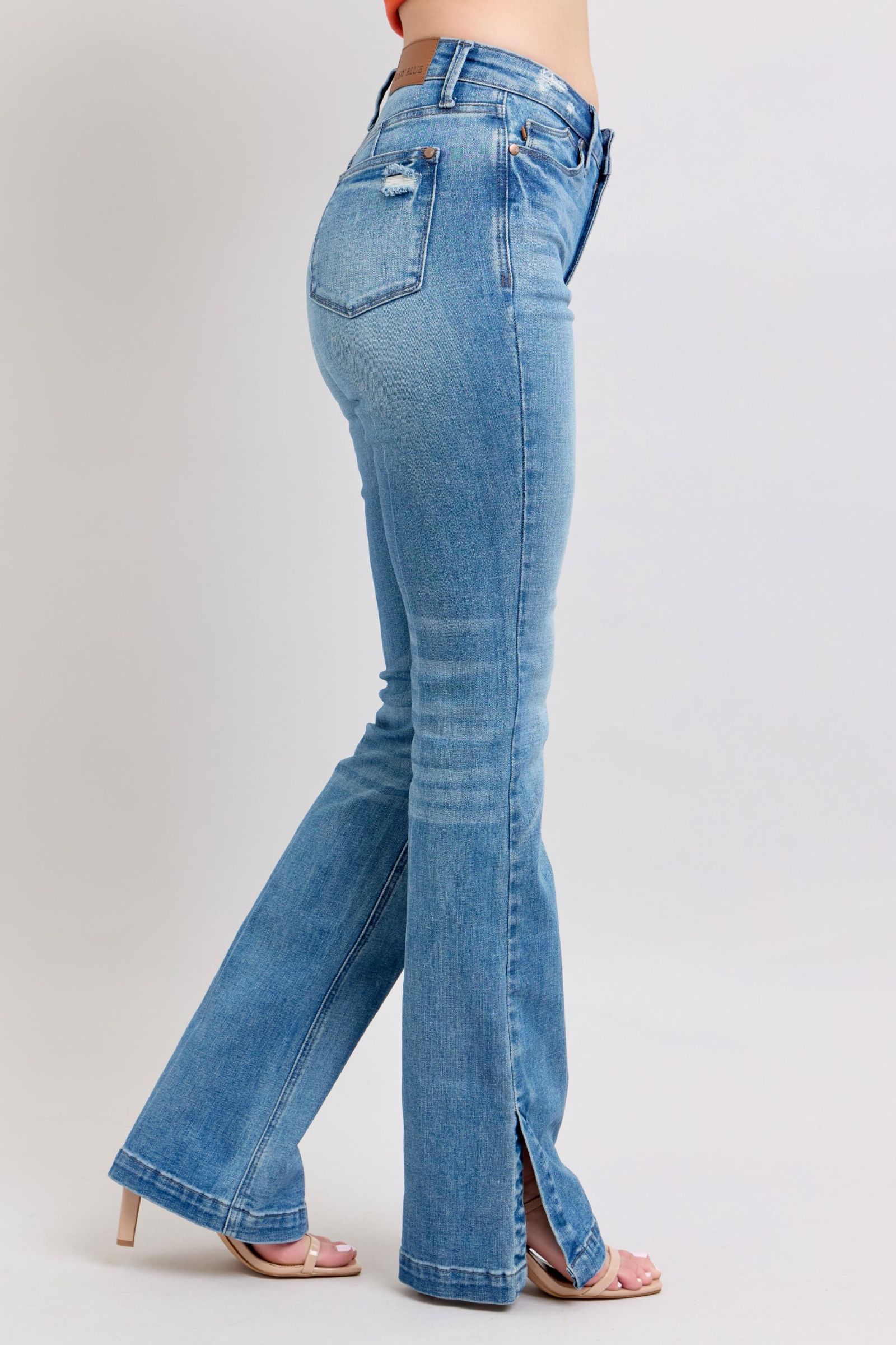 Judy Blue High Waist Vintage Wash Side Slit Slim Boot Cut Jeans