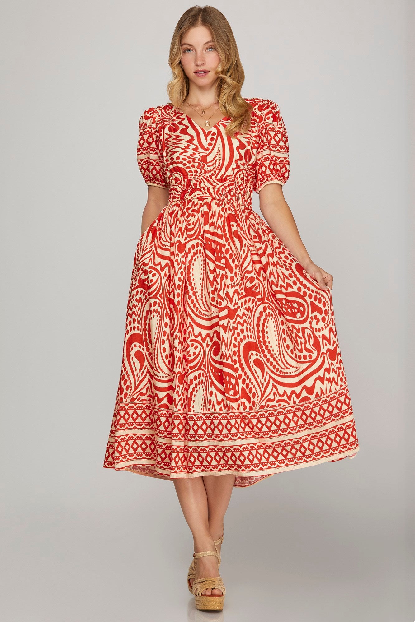 Red & Cream Border Print Midi Dress