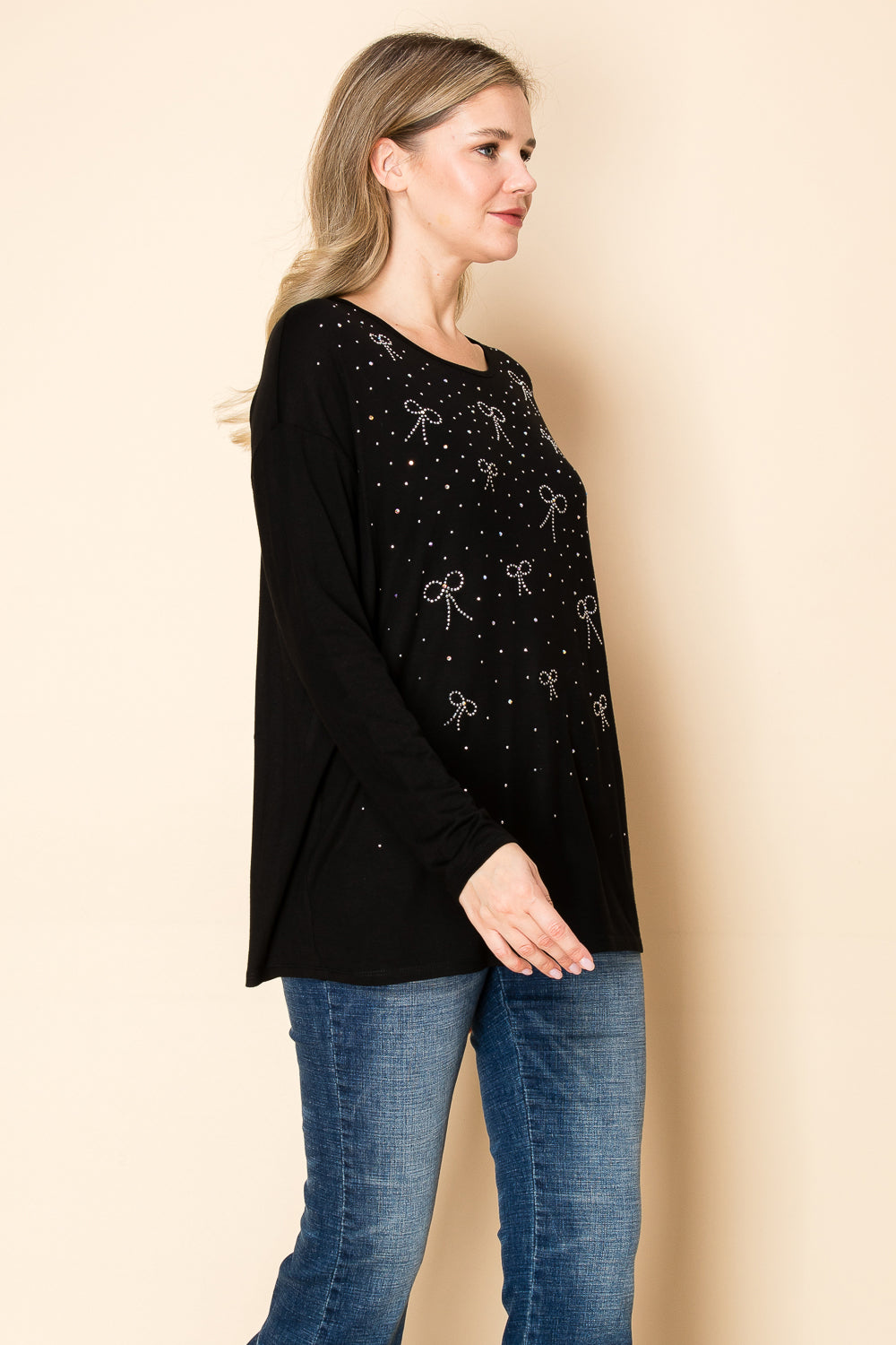 Black  Knit Top w/ Rhinestone Bow Details