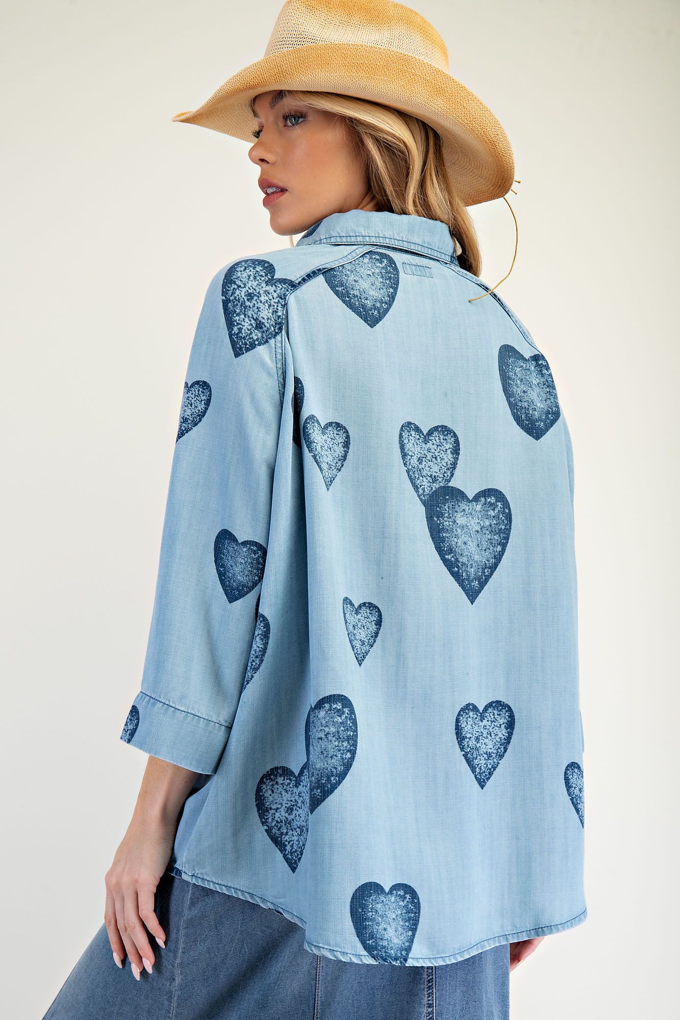 Dark Denim Hearts Button Up Tencel Shirt