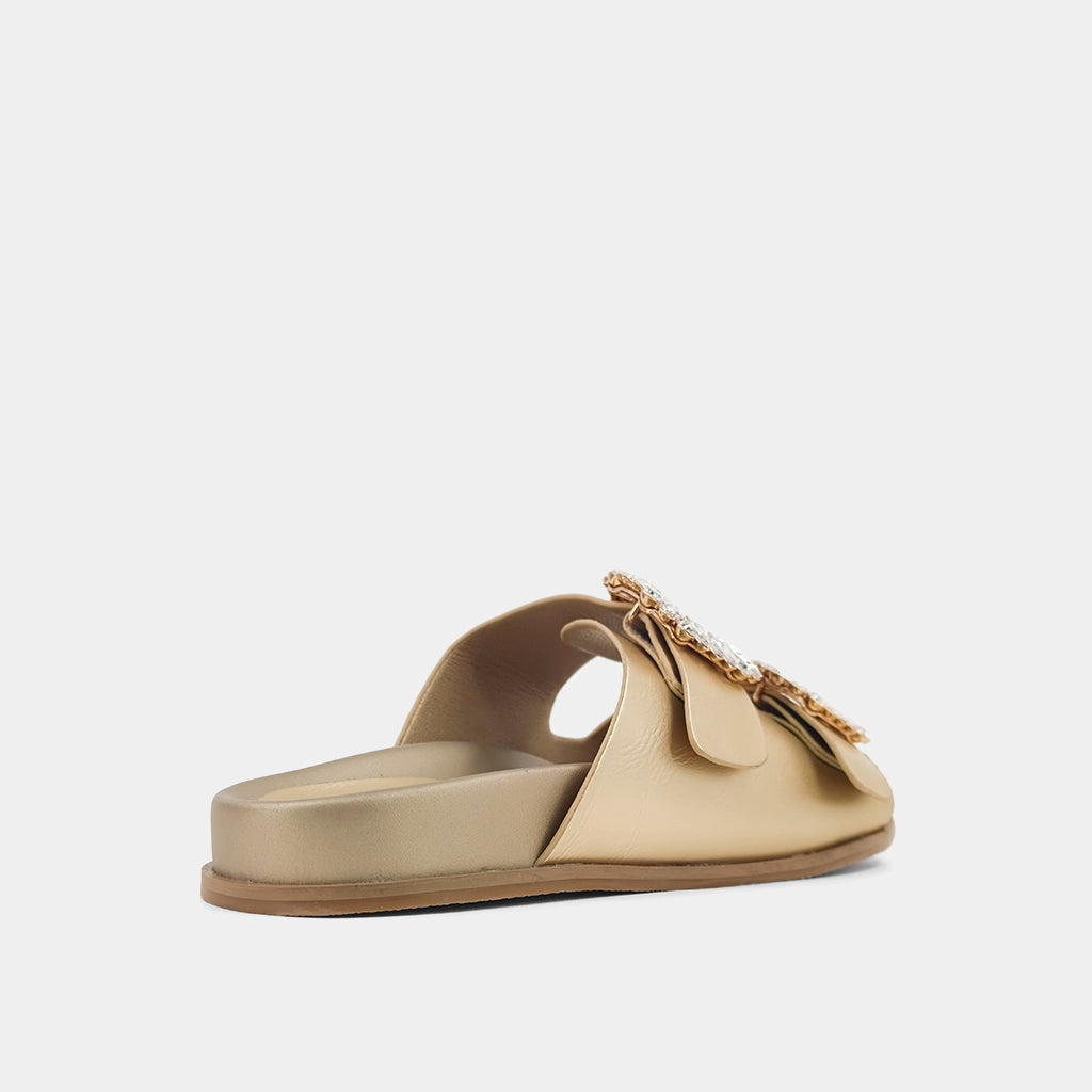 Gold Slip On Sandal w/ Crystal Buckle by Shushop