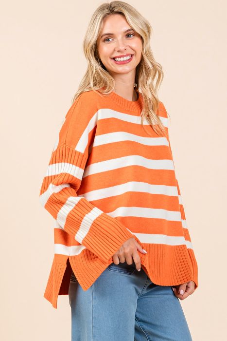 Orange & White Striped Knit Sweater Top