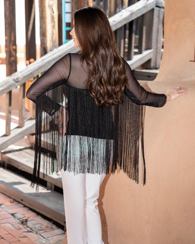 Western Inspired Black Mesh Top w/ Fringe Details, by Vintage Collection