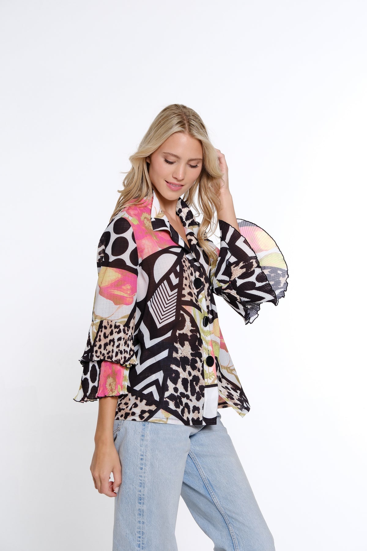 Mixed Print Flounce Sleeve Top/Jacket