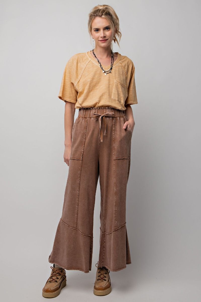 Chocolate Mineral Washed Terry Knit Wide Leg Pants