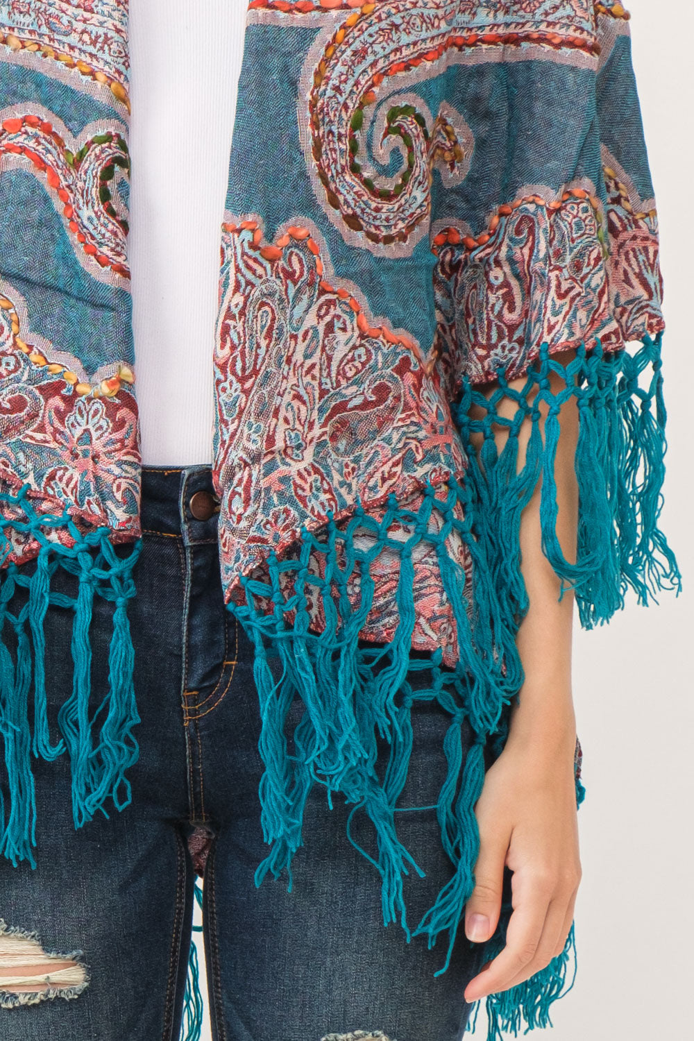 Teal w/ Multi Colors Embroidered Fringed Poncho Vest