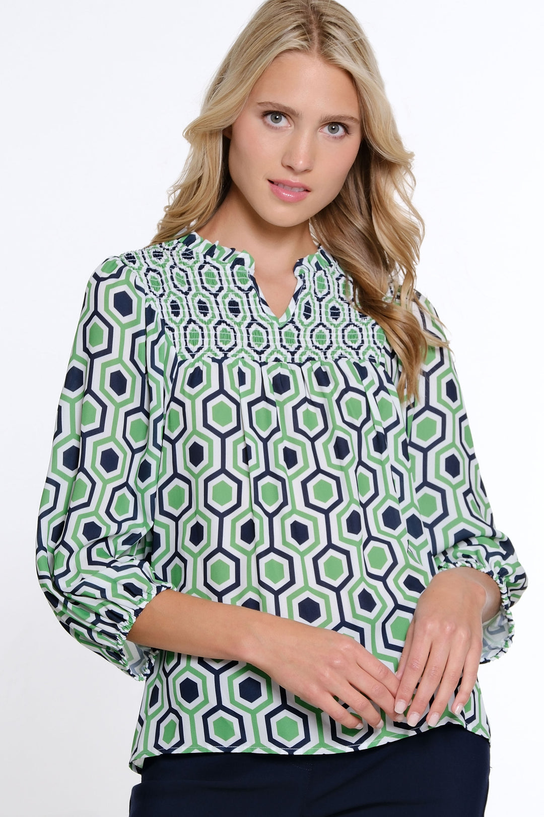 White, Green & Navy Geometric Ruffle Neck Top by Multiples