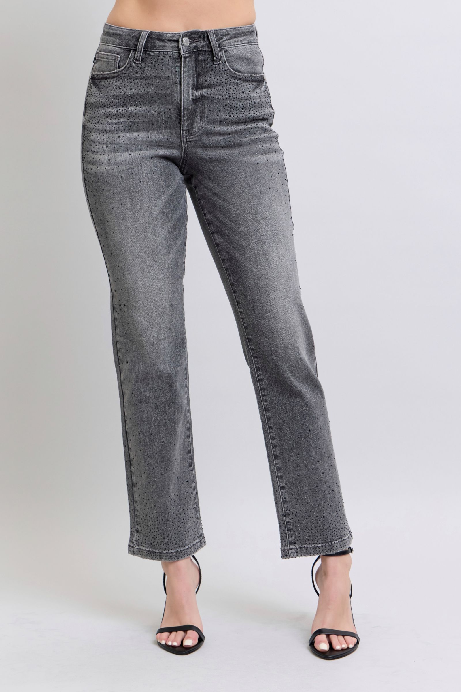 Grey/Black Judy Blue High Waist Rhinestone Straight Jeans