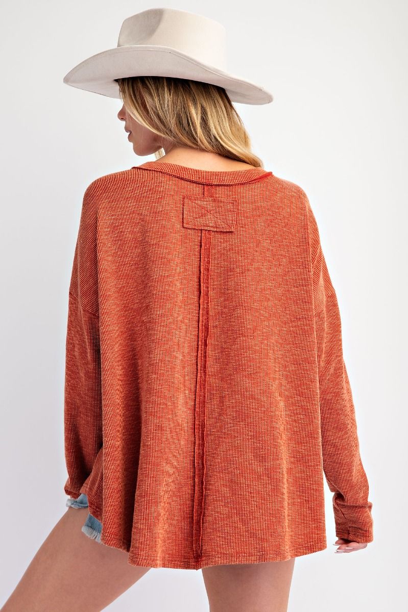 Rust Love Patch Rib Knit Mineral Washed Top