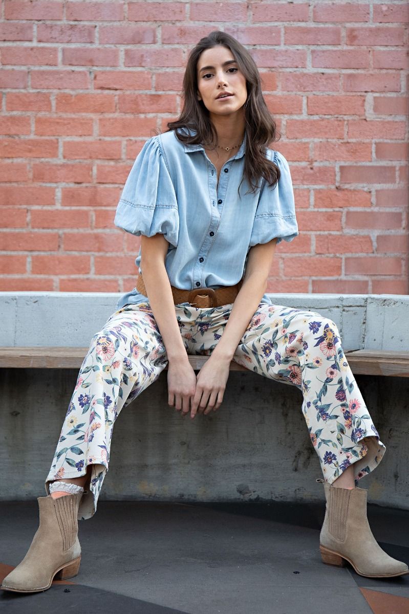 Light Khaki Washed Floral Print Denim Twill Pants