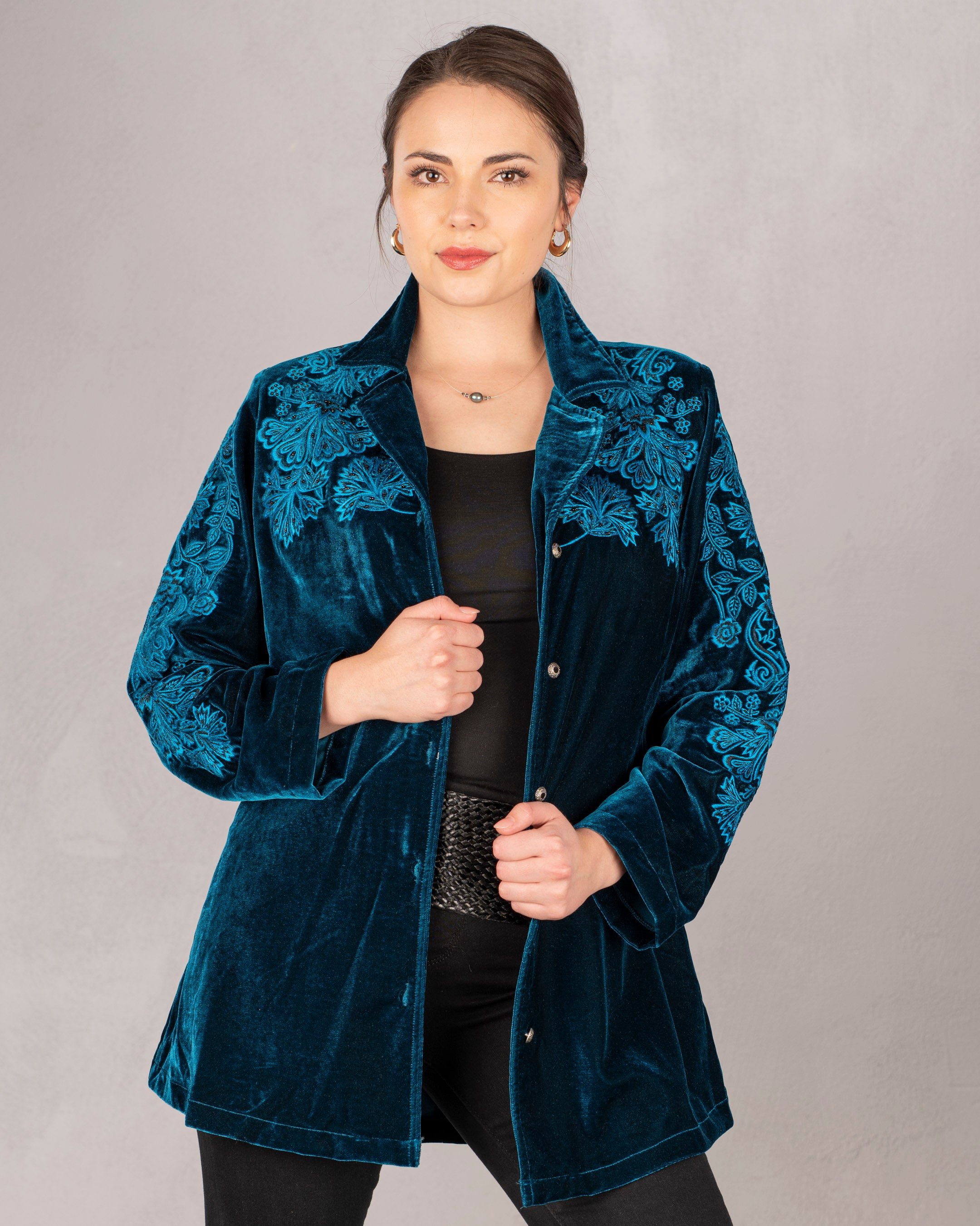 Nicole Teal Velvet Shirt Jacket by Vintage Collection