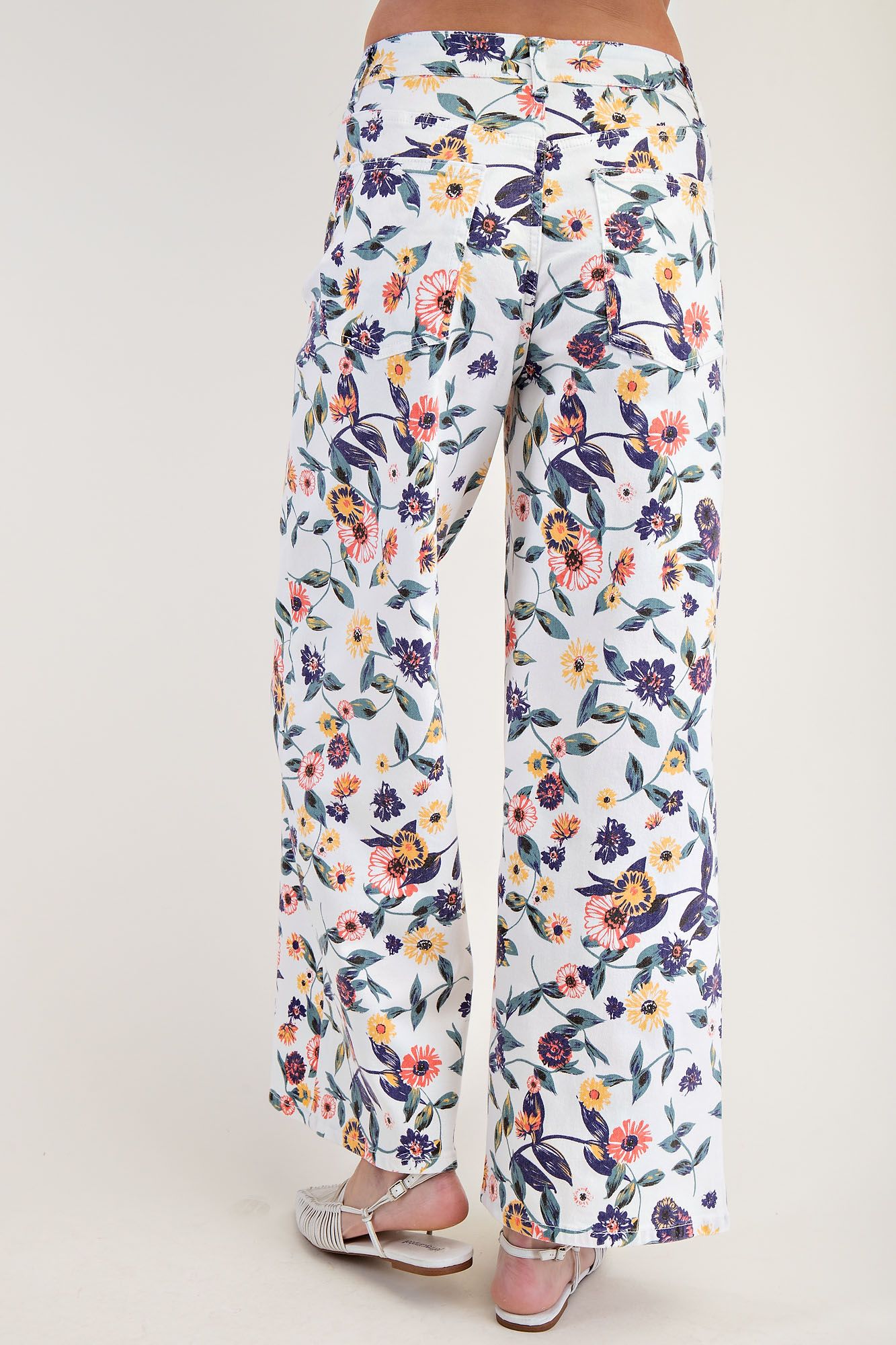 White Washed Floral Print Denim Twill Pants