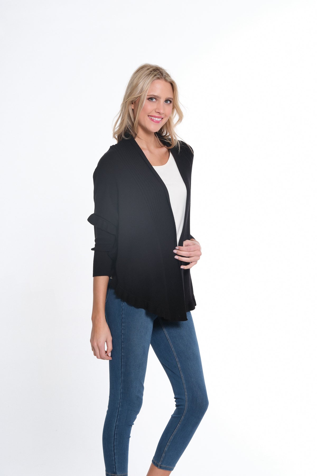 Black Ruffle Hem Shawl Collar Sweater Cardigan